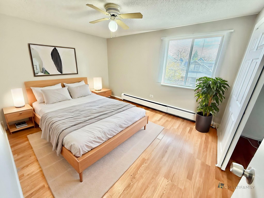 A bedroom with a bed, a ceiling fan, and a plant.