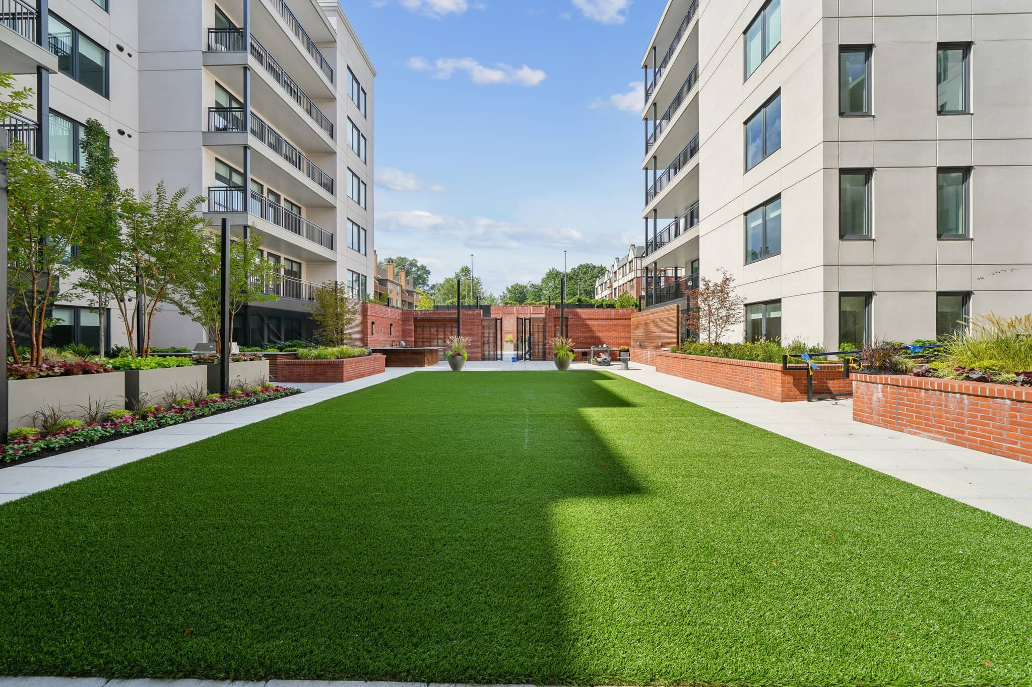 A grassy courtyard is surrounded by apartment buildings.