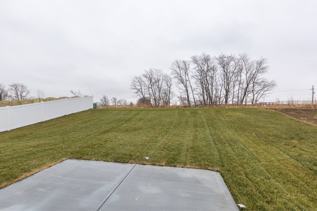 A backyard with a green lawn and a grey concrete slab.
