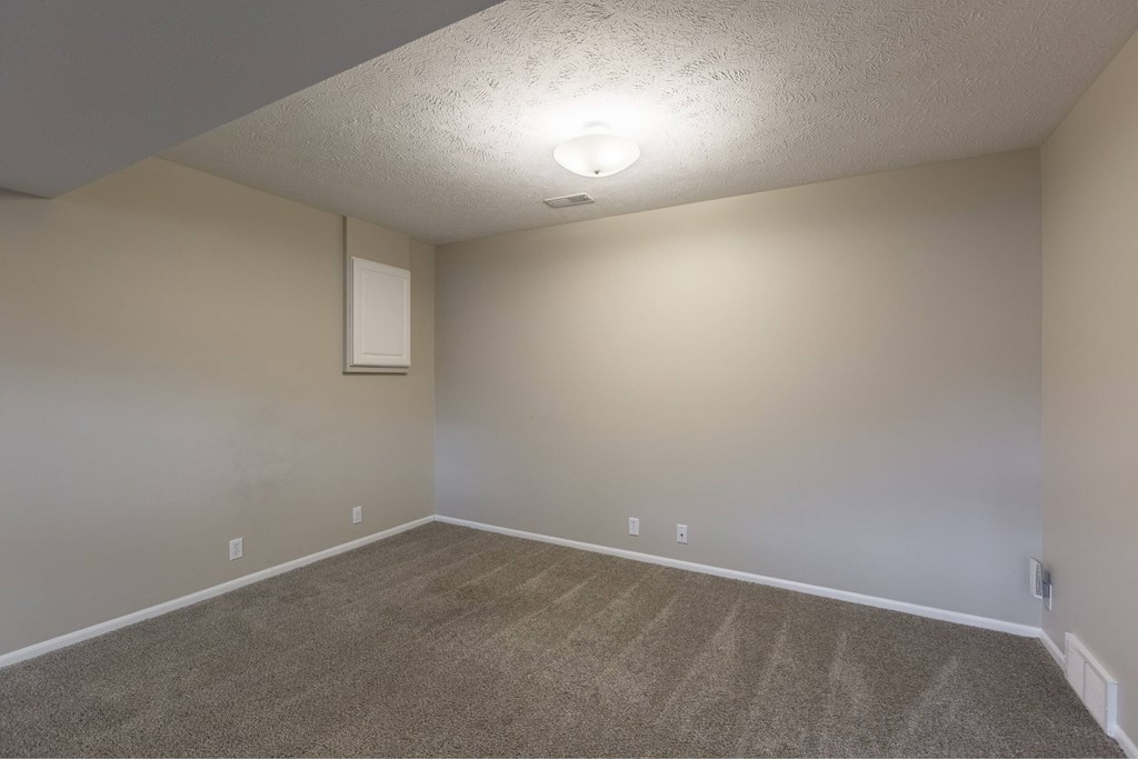 A room with a carpeted floor and a ceiling light.