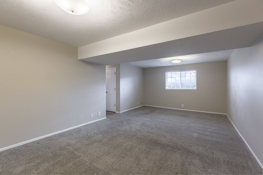 A room with a carpeted floor and a window with blinds.