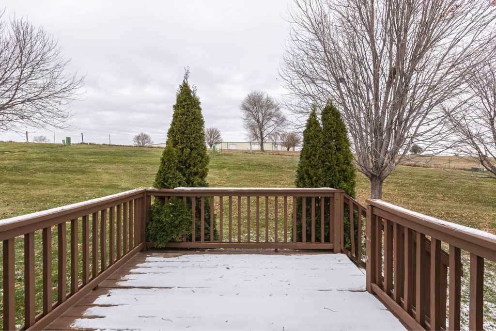 A wooden deck with snow on it and evergreen trees in the background.