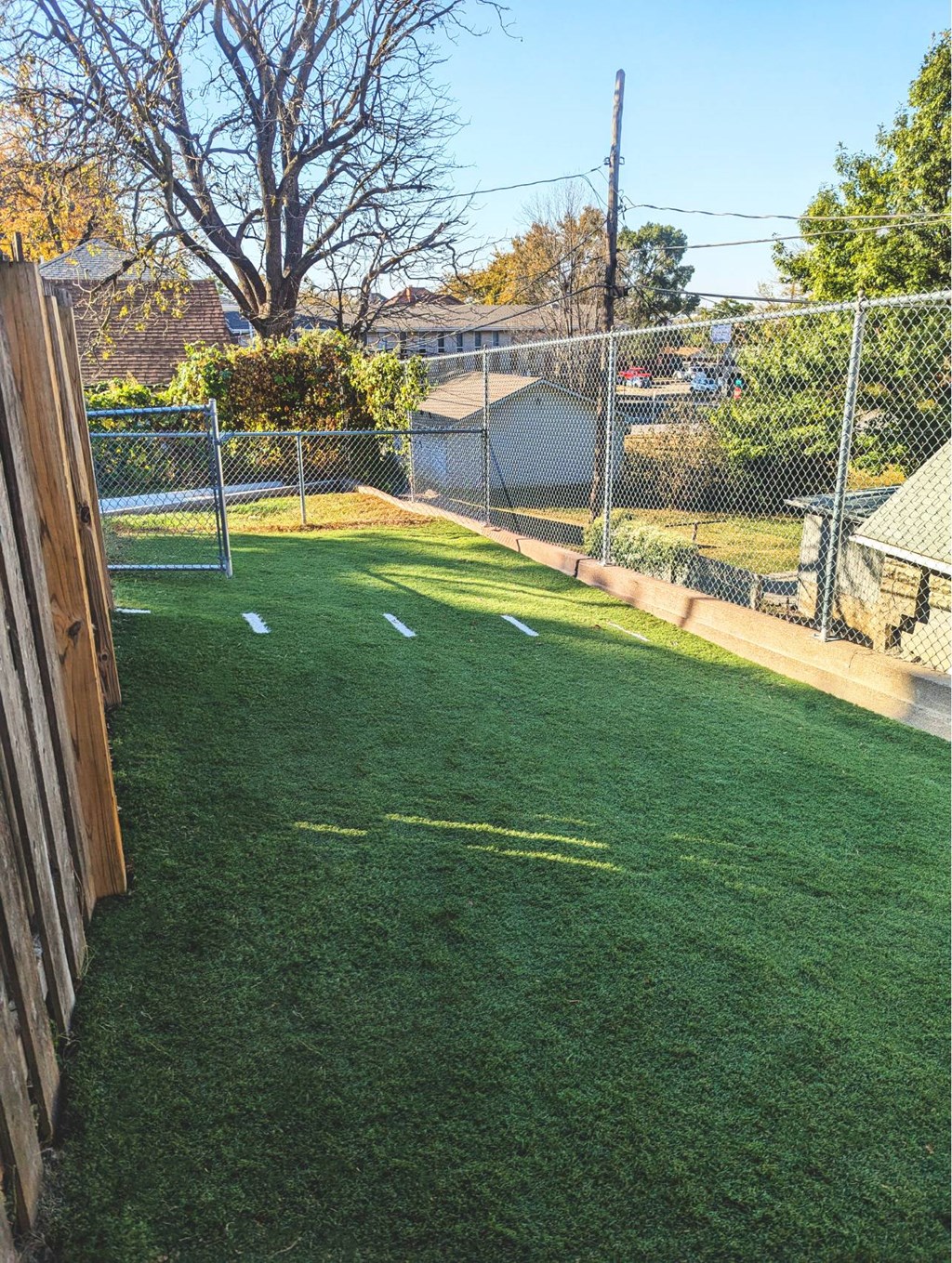 A backyard with a green lawn and a fence.