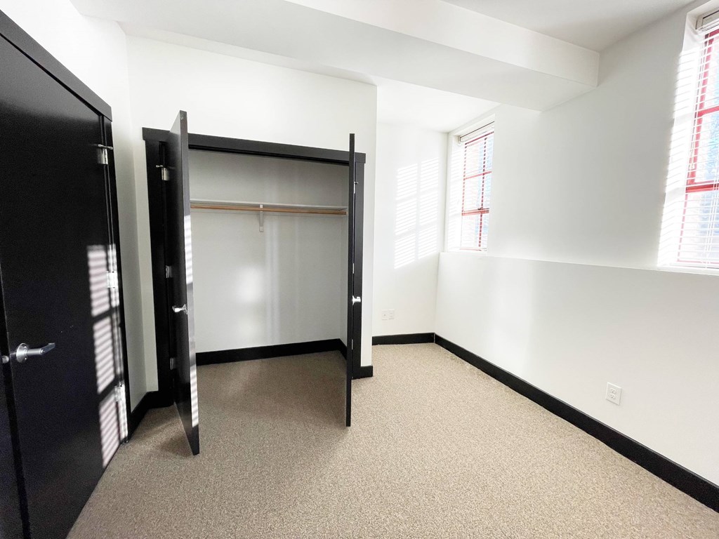 A room with a black closet and a carpeted floor.