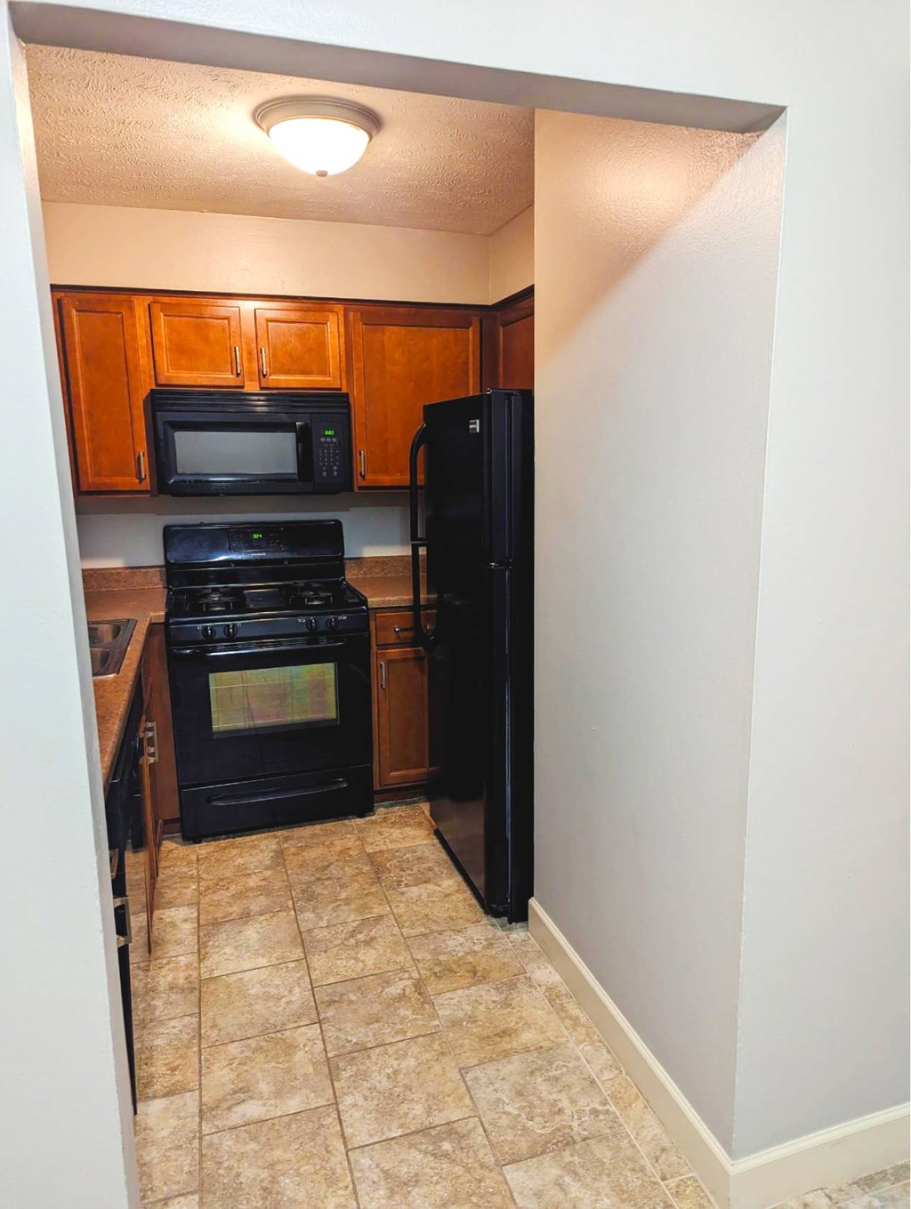 A kitchen with black appliances and wooden cabinets.