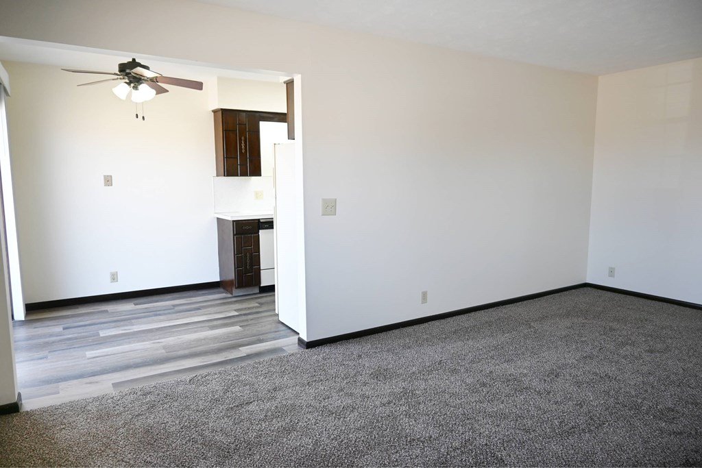 A room with a ceiling fan and a carpeted floor.