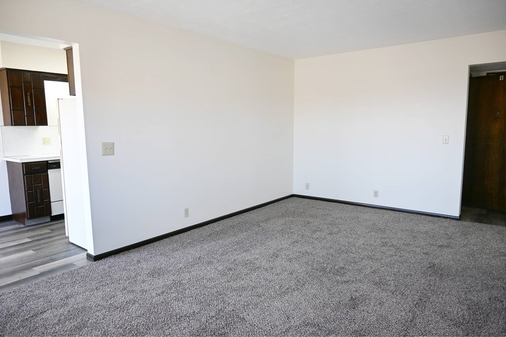 A large empty room with a carpeted floor and white walls.