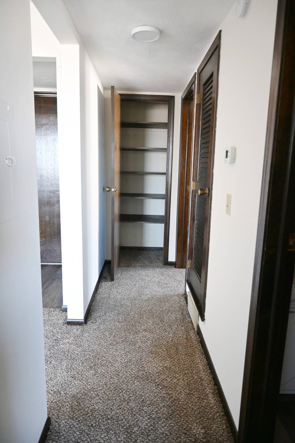 A hallway with a carpeted floor and a door on the right.
