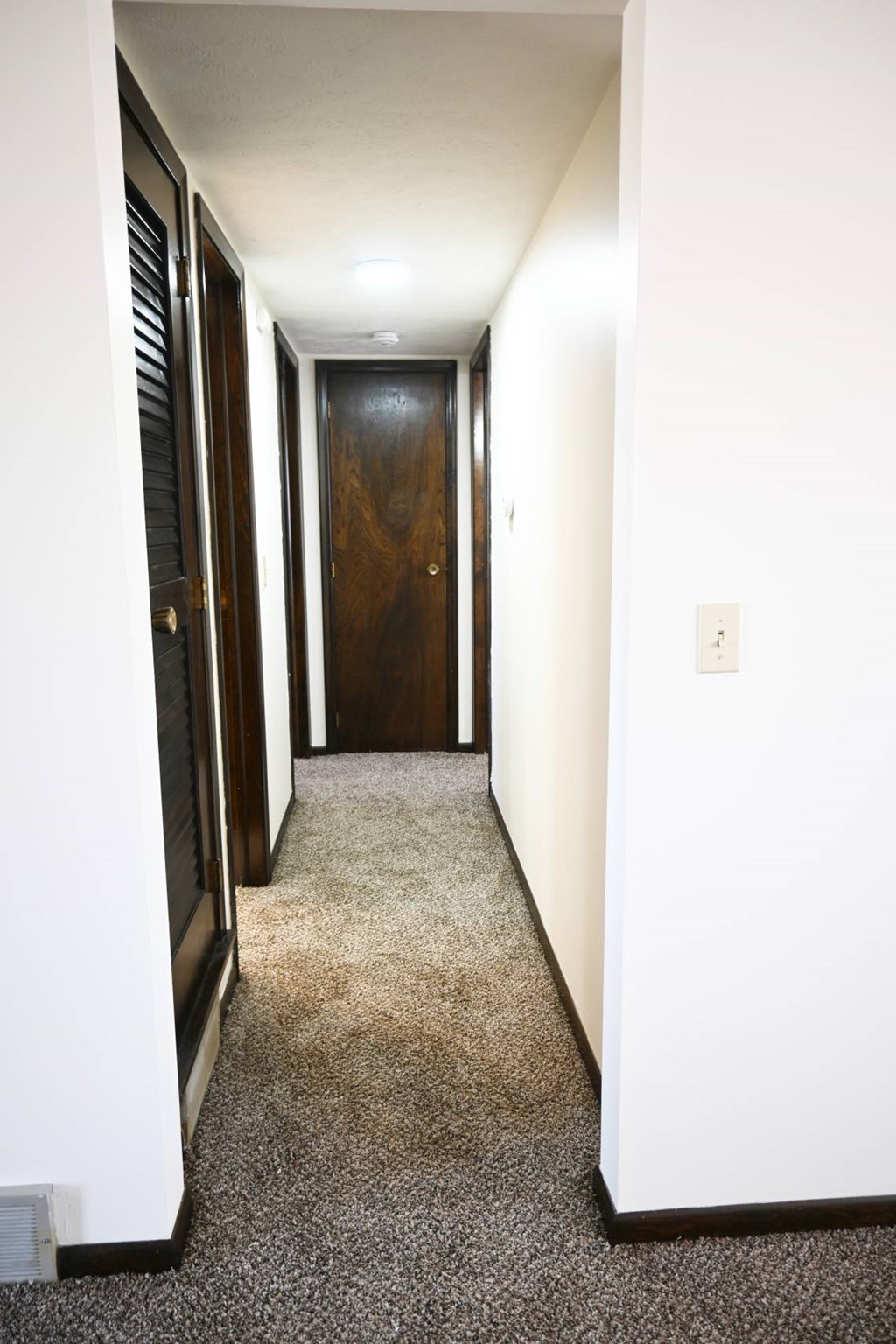 A hallway with a carpeted floor and a wooden door.
