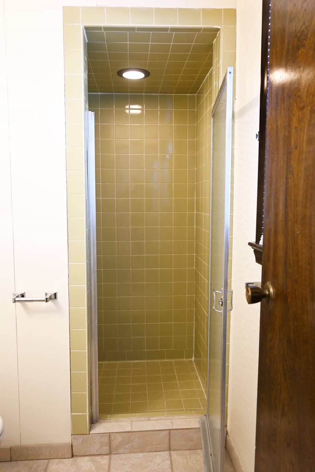 A bathroom with a glass shower stall and a wooden door.
