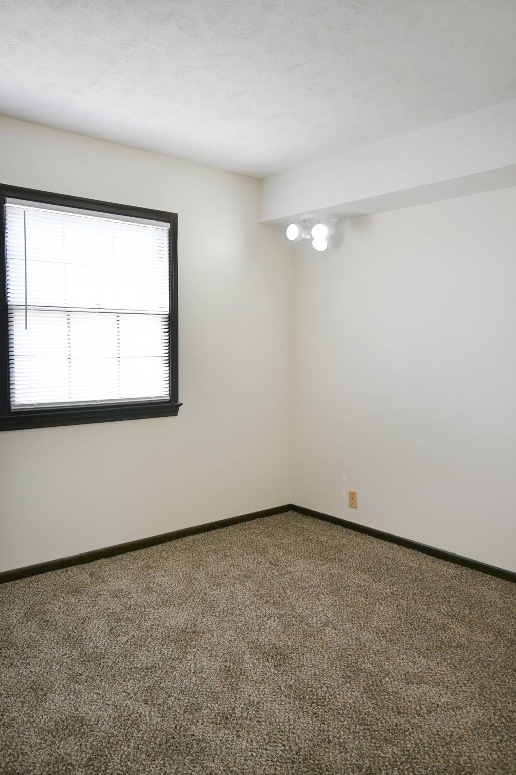 A room with a carpeted floor and a window with blinds.