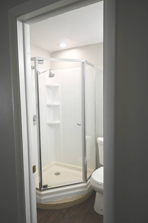 A white toilet is in a bathroom with a walk-in shower.