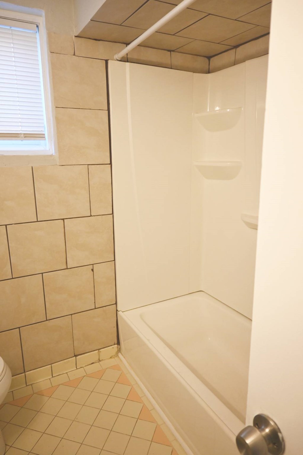 A bathroom with a tiled shower and a toilet.