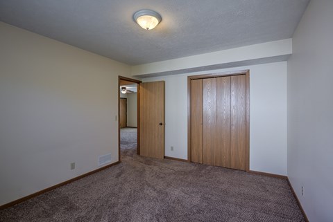 A room with a carpeted floor and two wooden doors.