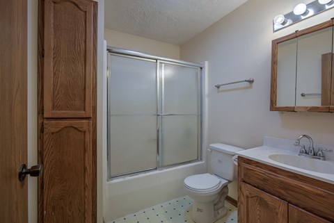 A bathroom with a toilet, sink, and shower.