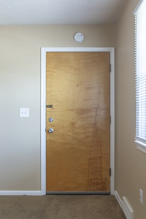 A brown door with a silver handle and a round white thing on the ceiling.