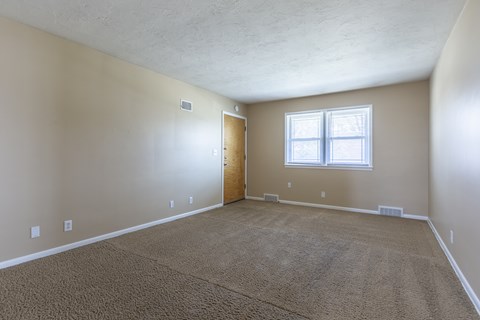 A room with a carpeted floor and a window.