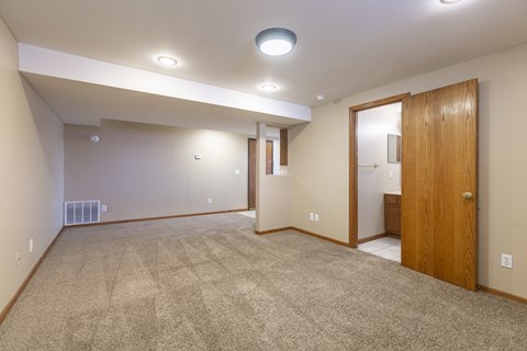 A spacious room with a carpeted floor and a ceiling light.