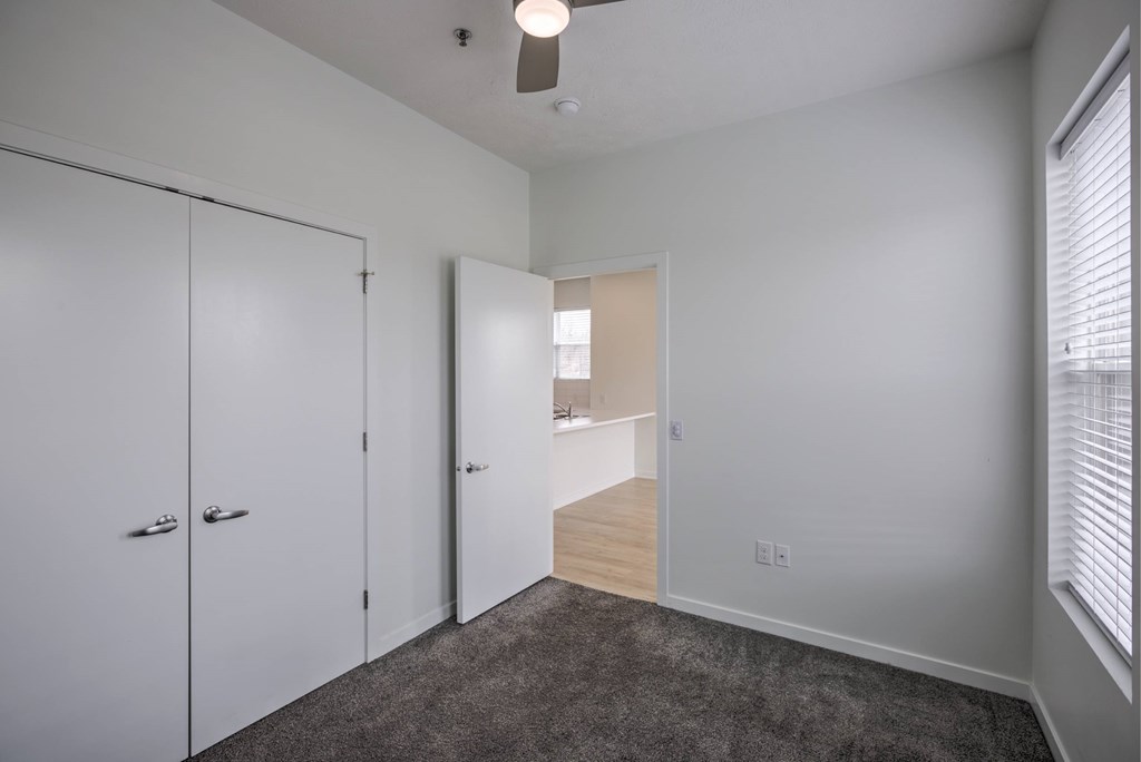 A room with a carpeted floor and a ceiling fan.