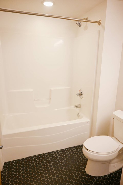 A white toilet sits next to a bathtub in a bathroom.