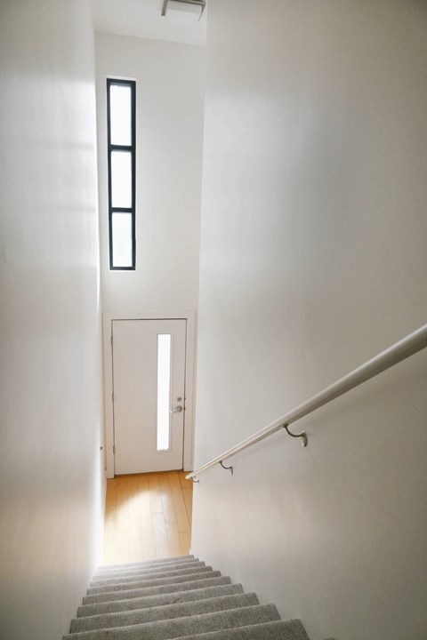 A staircase with a carpeted runner and a metal handrail.