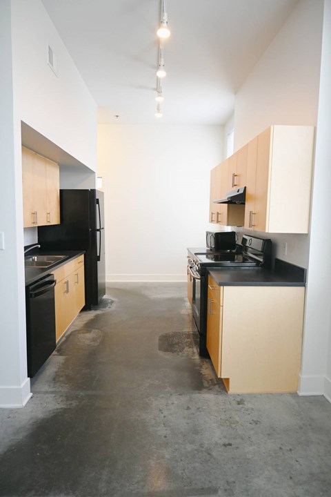 A kitchen with black appliances and wooden cabinets.