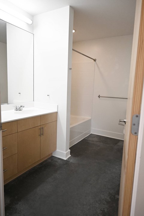 A bathroom with a walk in shower and a vanity.