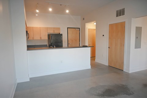 A room with a white counter and a wooden door.