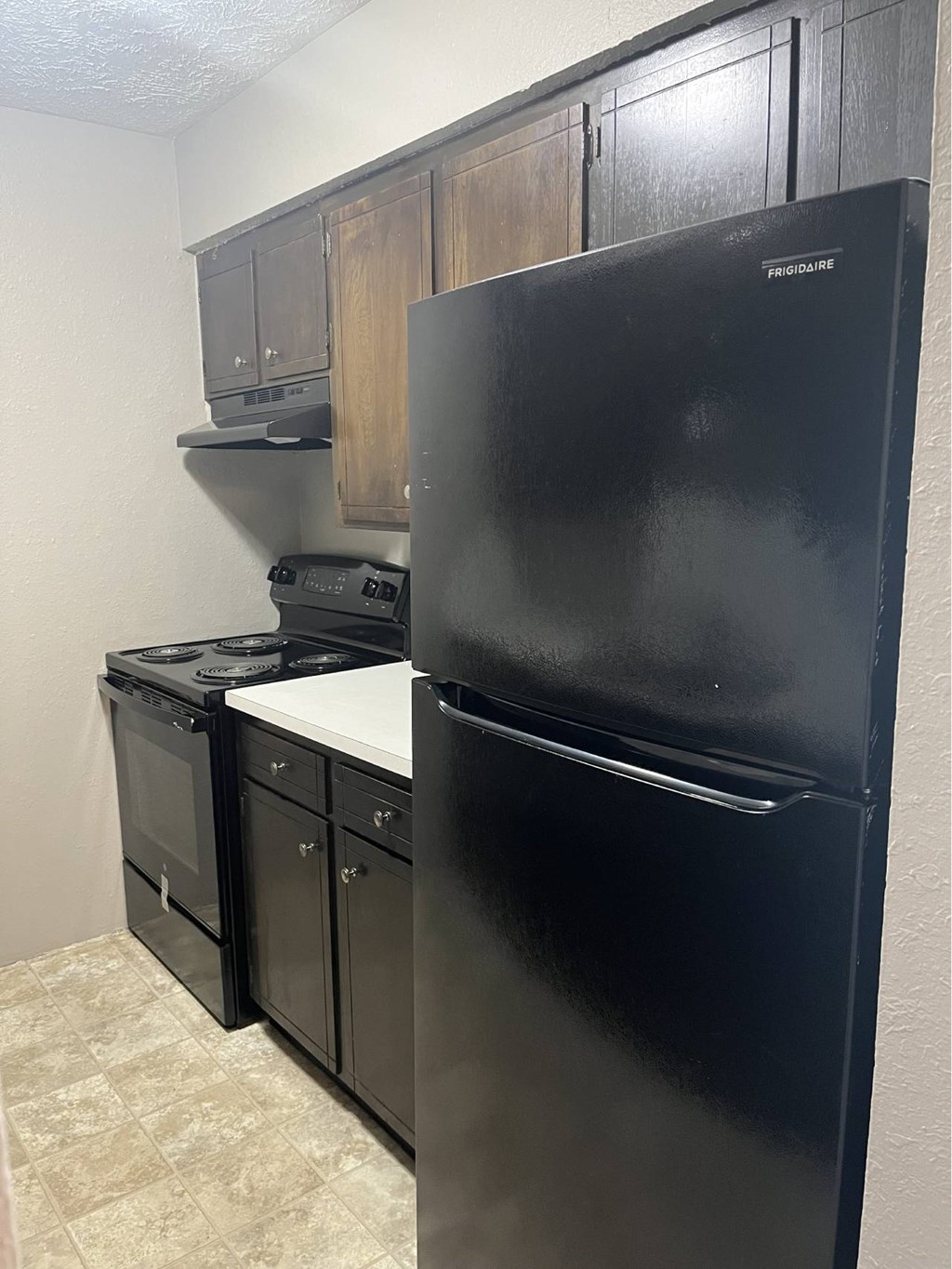 A black fridge in a kitchen with a black oven and black cabinets.