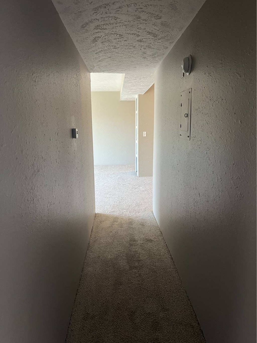 A long, narrow hallway with a carpeted floor and white walls.