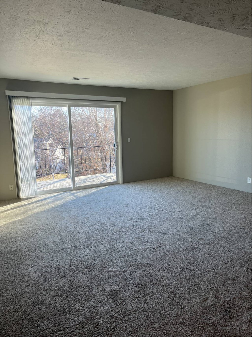 A room with a carpeted floor and a sliding glass door.