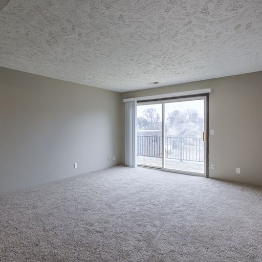 A room with a carpeted floor and a sliding glass door leading to a balcony.