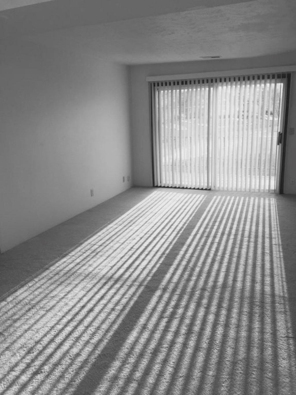 A room with a sliding door and light coming through the blinds.