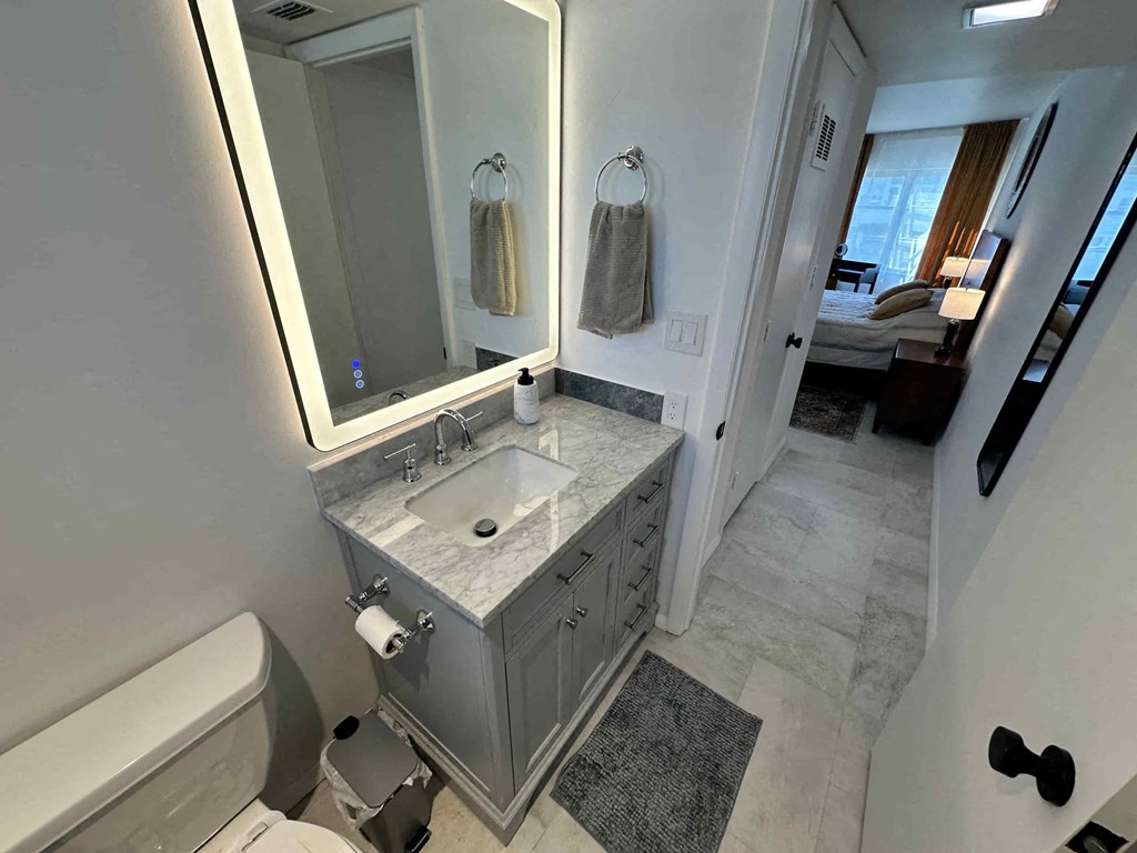 A bathroom with a marble countertop and a large mirror.