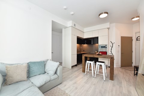 A living room with a grey couch and a kitchen area in the background.