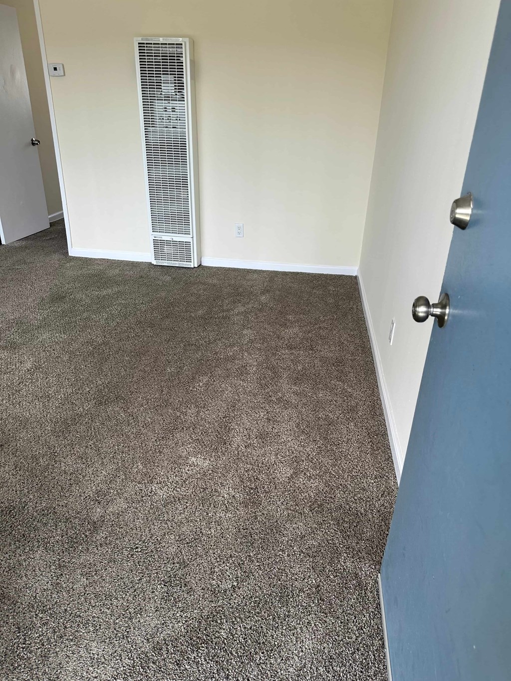 A room with a carpeted floor and a white wall with a door on the right.