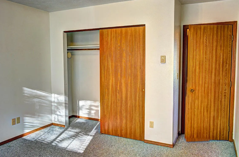 A room with a carpet and two wooden doors.