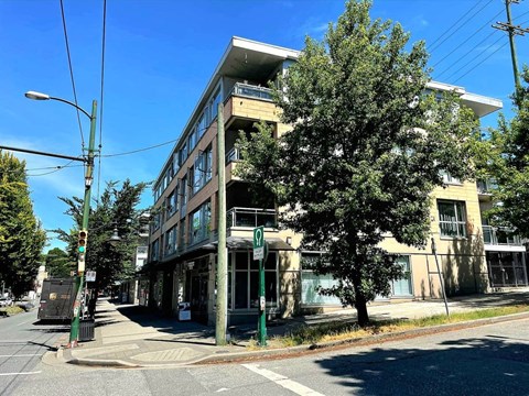 A street view of a building with a tree in front of it.