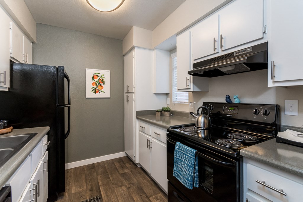 A kitchen with a black refrigerator and stove.