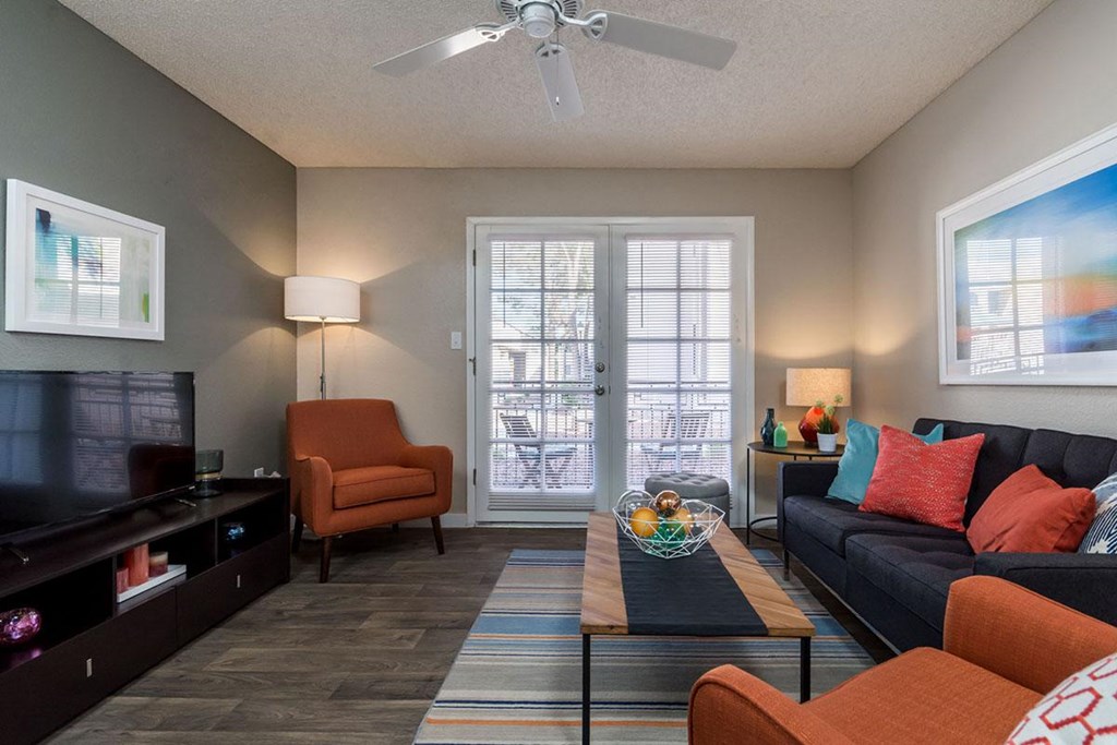 A living room with a grey couch, a black coffee table, and a television.