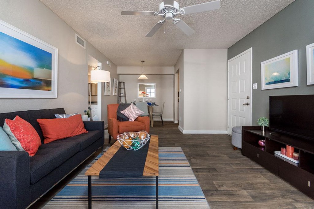 A living room with a grey couch and a striped rug.