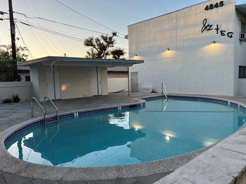 A swimming pool in a residential area.
