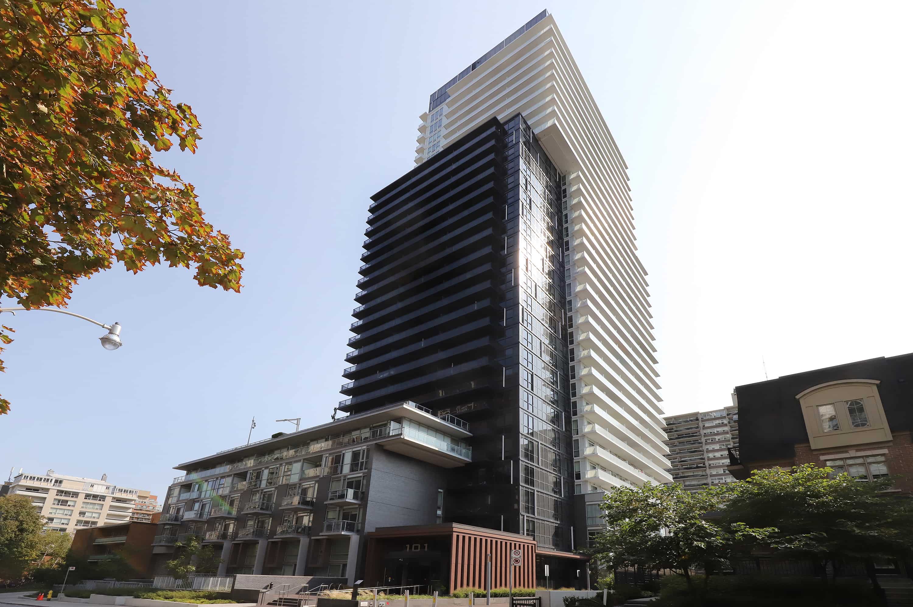A tall building with a black and white striped facade stands in front of a tree with orange leaves.