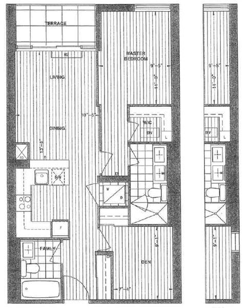 A black and white floor plan of a two-story townhouse with a master bedroom on the second floor.