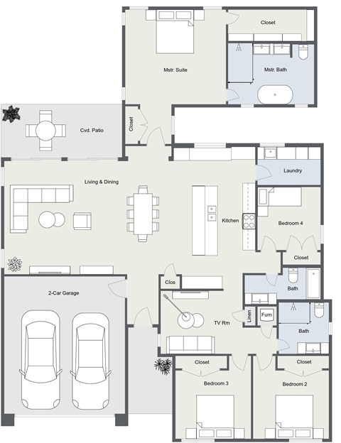 A floor plan of a house with two bedrooms, a living room, a dining room, a kitchen, a bathroom, a laundry room, a garage, and a master suite.