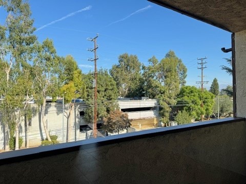 A view from a window looking out at a residential area with trees and utility poles.