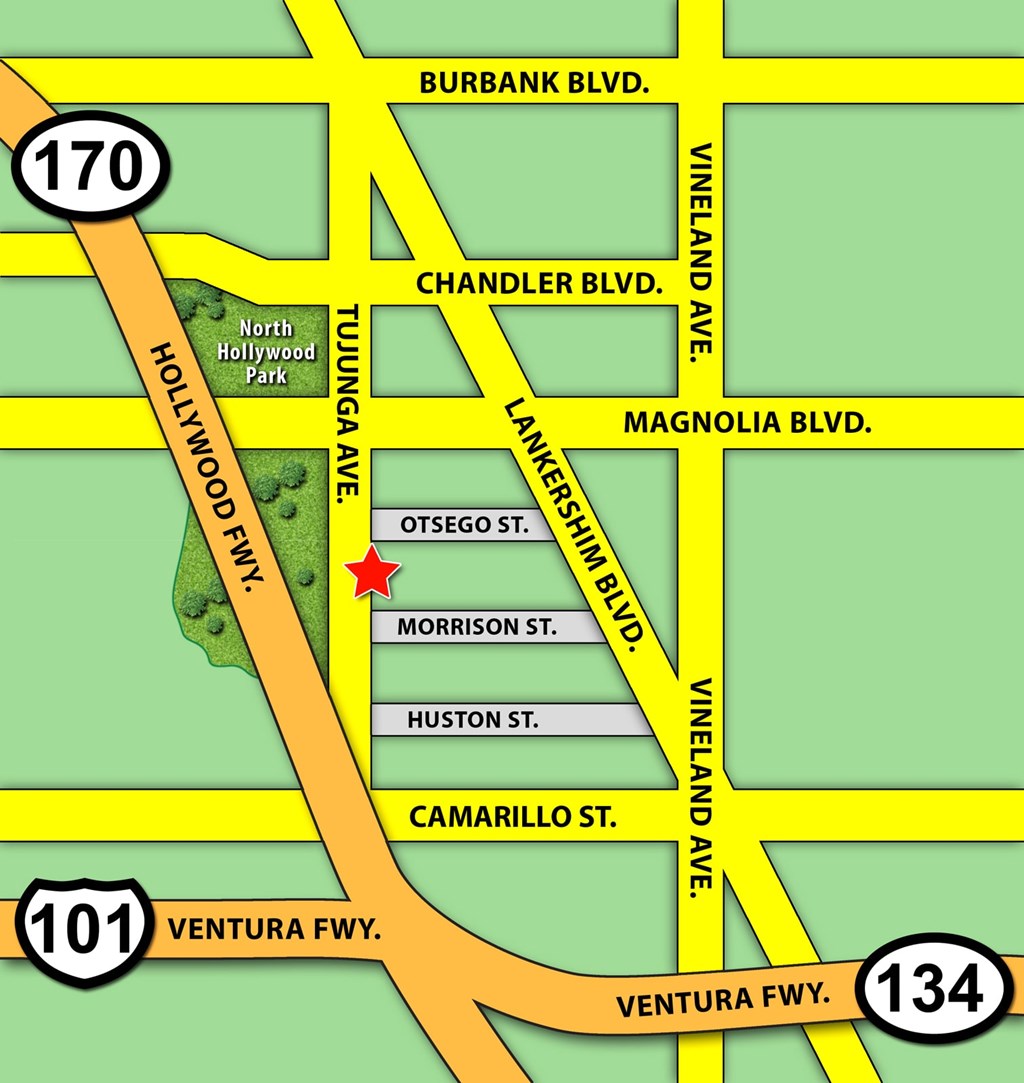 A map with a red star on the intersection of Magnolia Blvd. and Camarillo St.