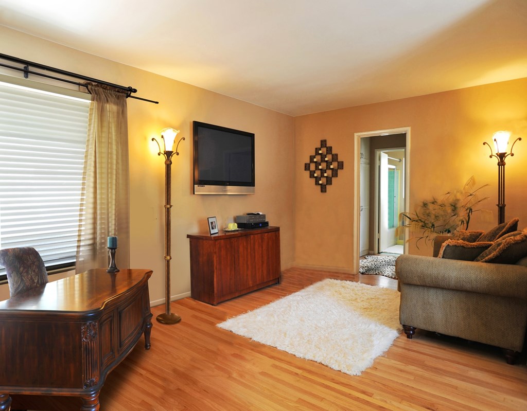 A living room with a brown couch, a wooden floor, and a white rug.