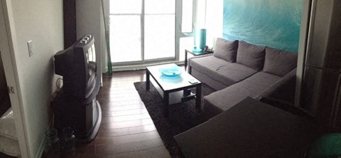 A living room with a grey couch and a black coffee table.