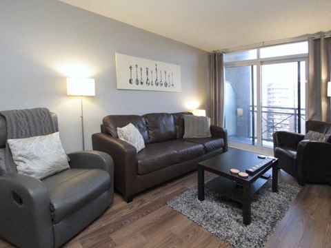 A living room with brown leather furniture and a grey rug.